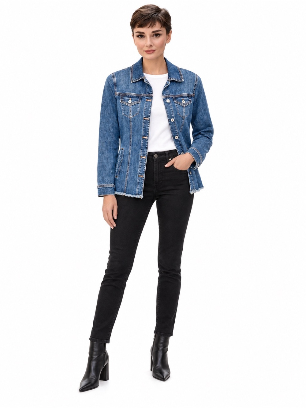 Chico’s Women’s Denim Jean Jacket | Frayed Hem | Size 1 / US 8–10